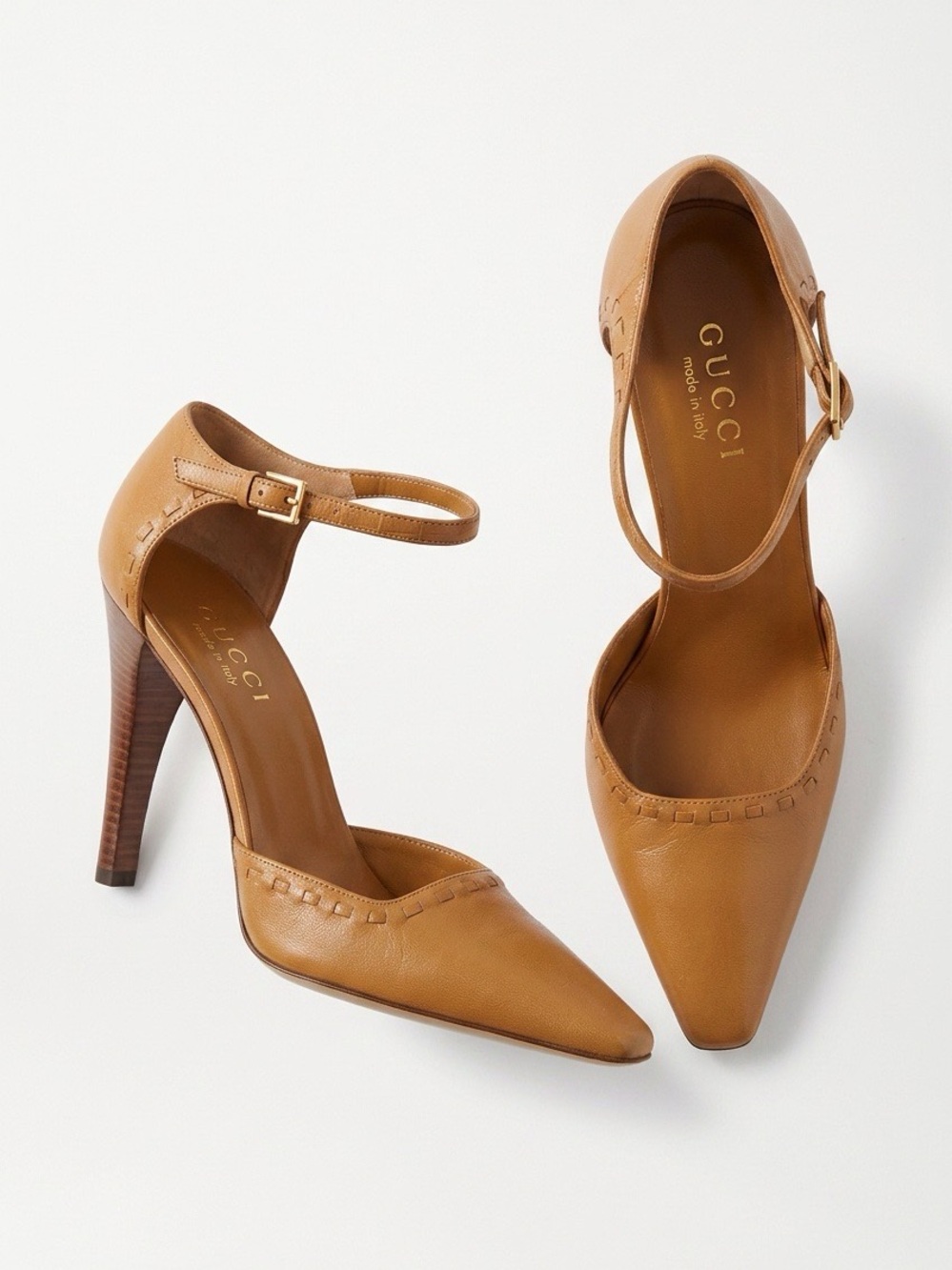 Gucci Camel Leather Ankle Strap Pump Whipstich Detail - Original Box, Size: 8.5